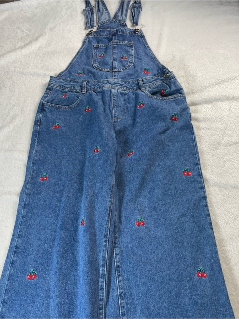 Gogo Jeans Women’s Size Med Blue Denim Overalls With Embroidered Red Cherries - Picture 2 of 16